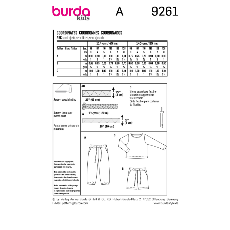 Patron Burda 9261 - Ensemble T-shirt, Pantalon ou short Enfant