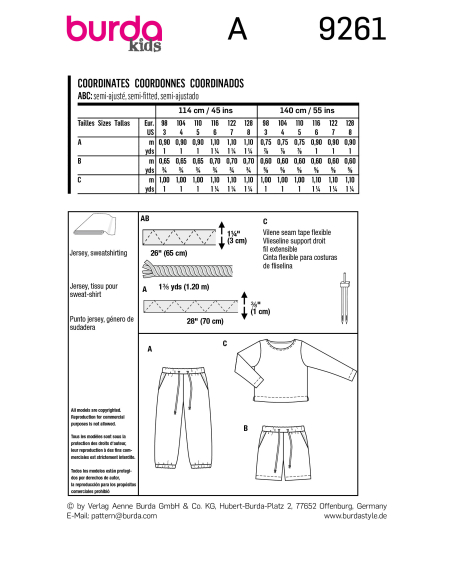 Patron Burda 9261 - Ensemble T-shirt, Pantalon ou short Enfant