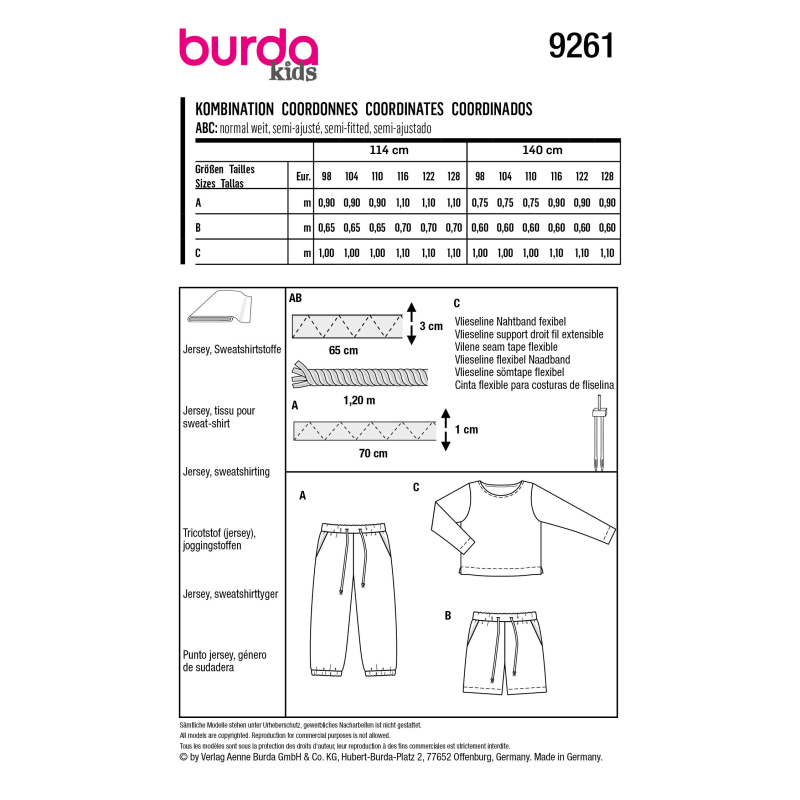 Patron Burda 9261 - Ensemble T-shirt, Pantalon ou short Enfant