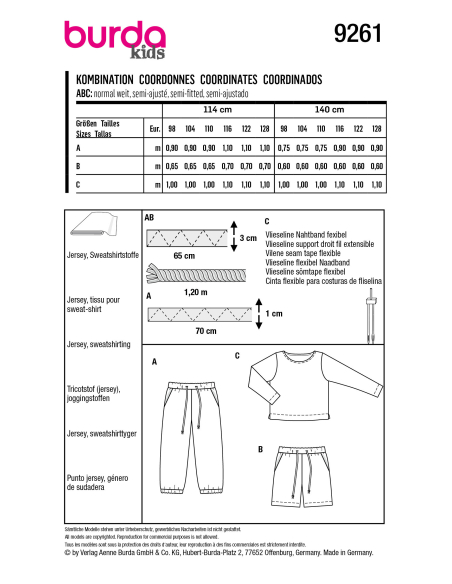 Patron Burda 9261 - Ensemble T-shirt, Pantalon ou short Enfant