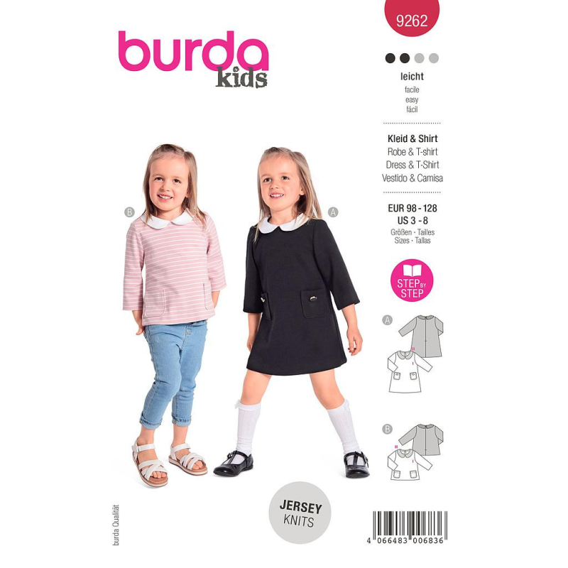 Patron Burda 9262 - Robe et Blouse avec boutons décoratifs et col Claudine Enfant