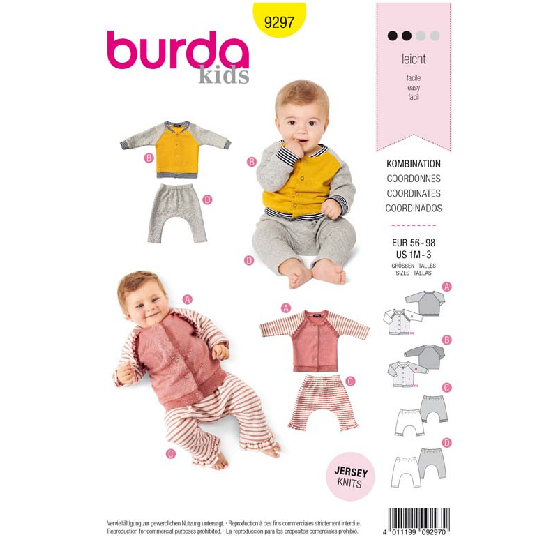 Patron Burda 9297 - Ensemble bébés Veste Sweat-Shirt manches raglan à col droit et pantalon élastique