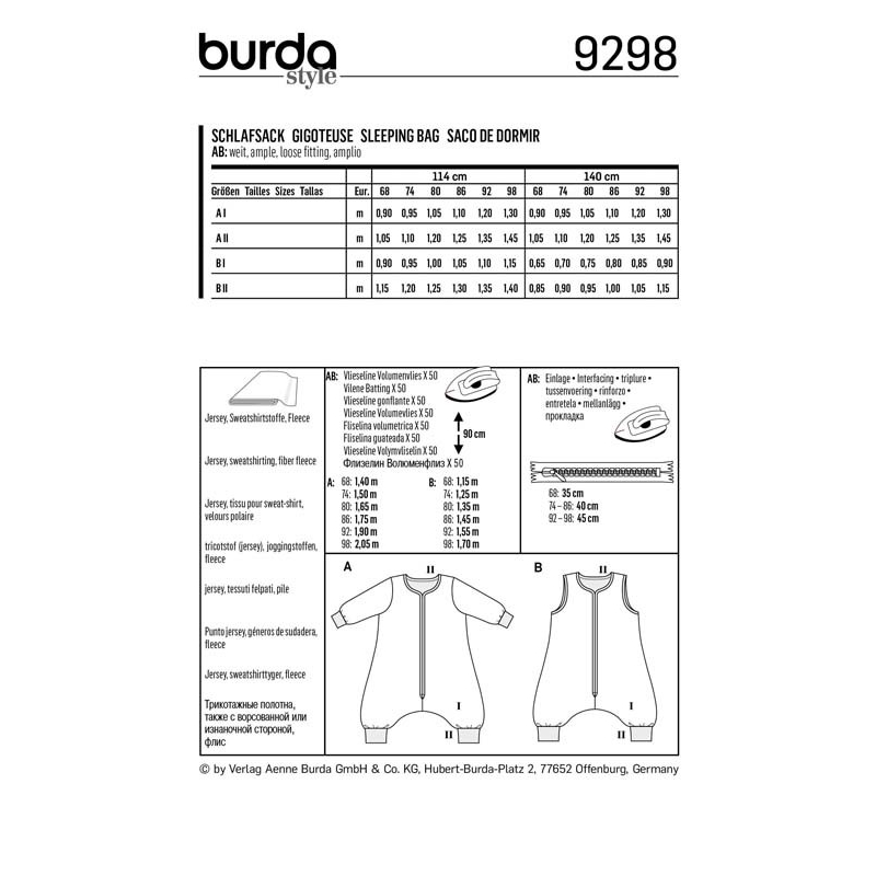 Patron Burda 9298 - Combinaison - Gigoteuse bébé avec des jambes