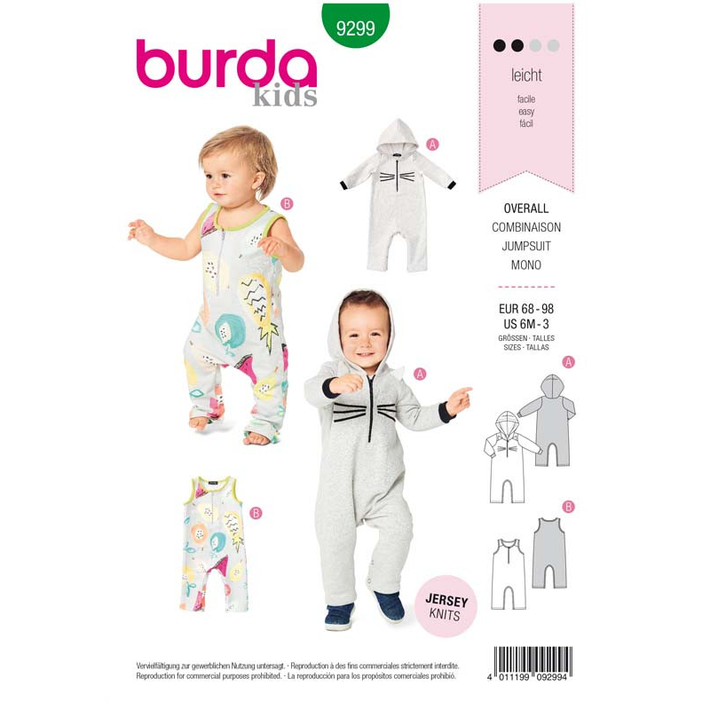 Patron Burda 9299 - Combinaison bébé Onesie à capuche avec ou sans manche