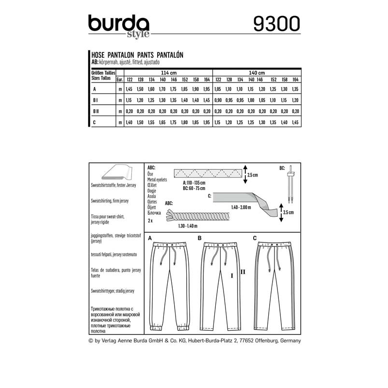 Patron Burda 9300 - Pantalon de jogging enfant à coulisse élastique