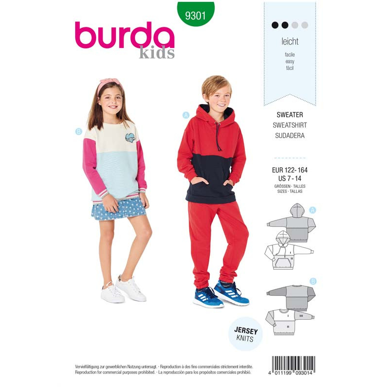 Patron Burda 9301 Sweat-Shirt – hoodie enfant avec ou sans capuche