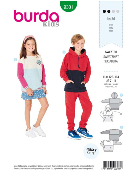 Patron Burda 9301 Sweat-Shirt – hoodie enfant avec ou sans capuche