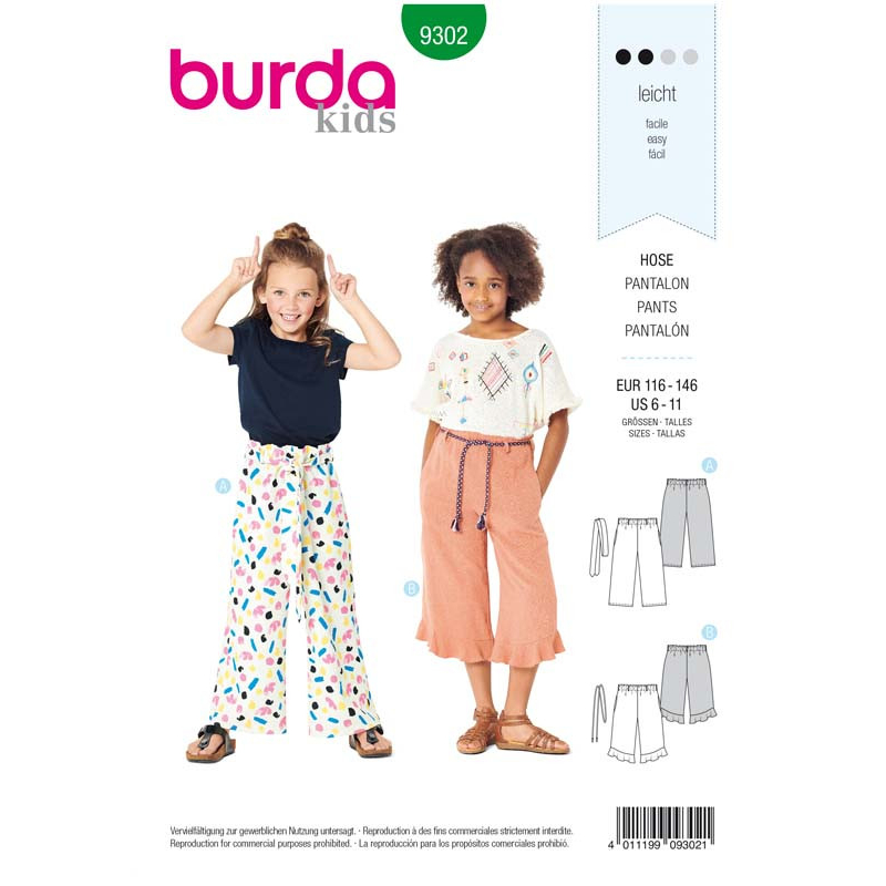 Patron Burda 9302 - Pantalon fille léger à coulisse élastiquée ou pantacourt 7/8