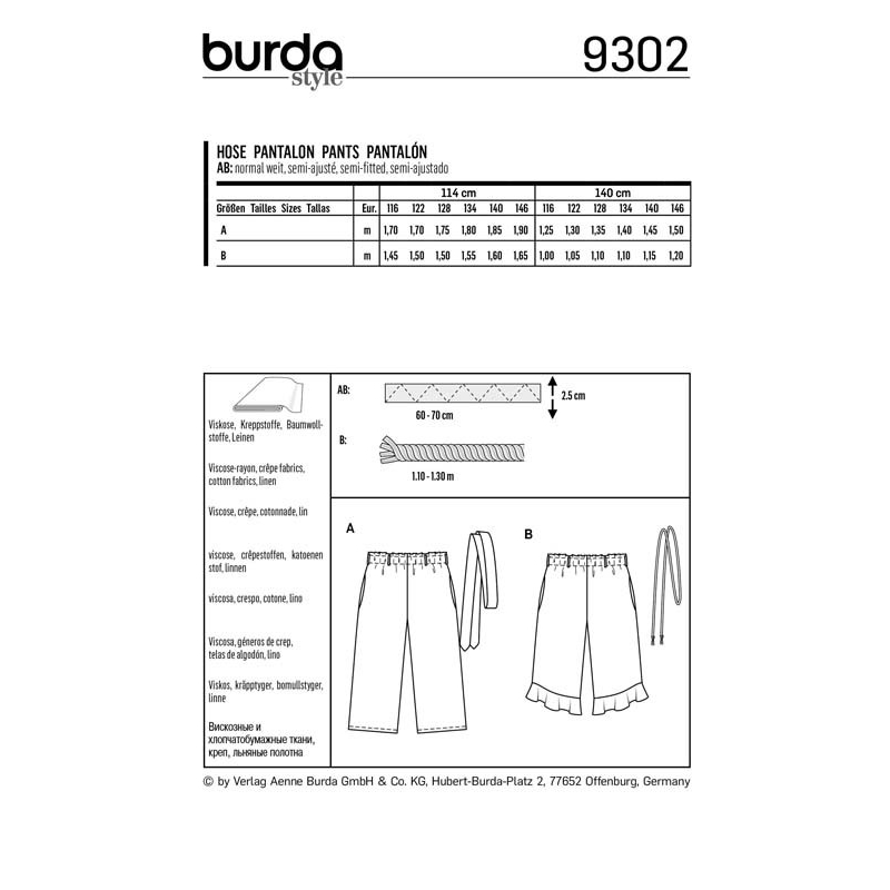 Patron Burda 9302 - Pantalon fille léger à coulisse élastiquée ou pantacourt 7/8
