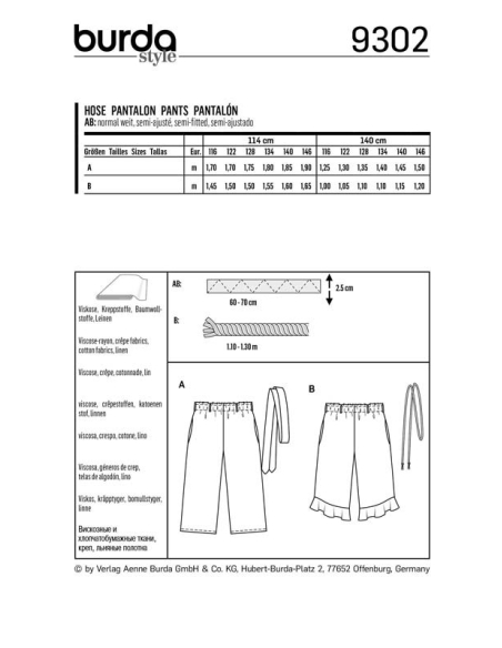 Patron Burda 9302 - Pantalon fille léger à coulisse élastiquée ou pantacourt 7/8
