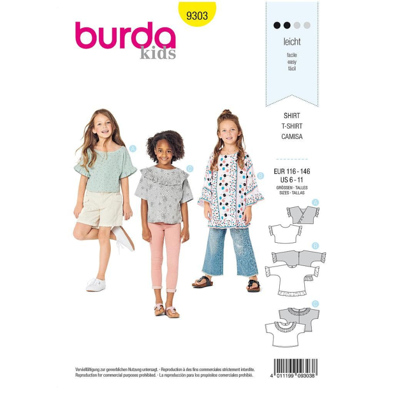 Patron Burda 9303 -  Tops, Tunique & T-shirts fille à manches intégrées volantées