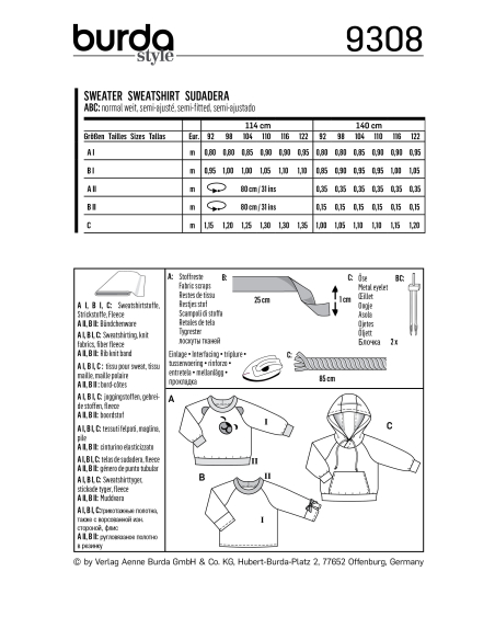 Patron Burda 9308 - Sweat-shirt hoodie