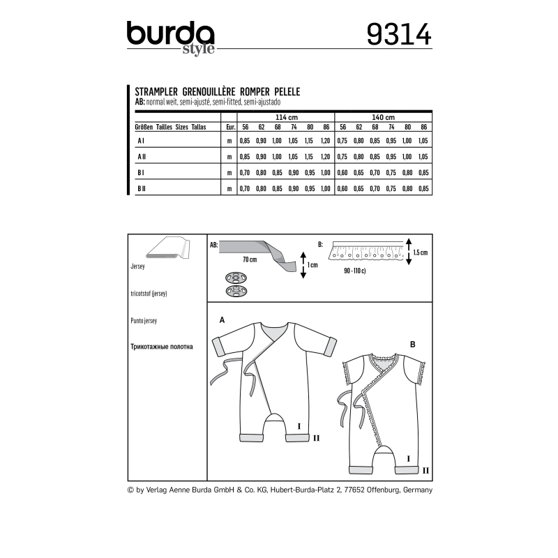 Patron Burda 9314 - Grenouillère croisée pour bébés