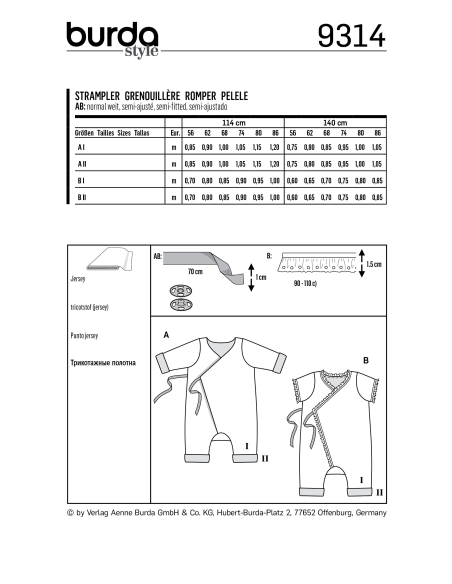 Patron Burda 9314 - Grenouillère croisée pour bébés