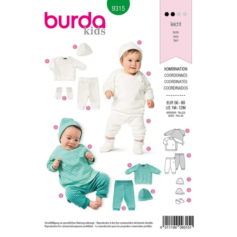 Patron Burda 9315 - Sweat, pantalon, bonnet et chaussons pour bébés
