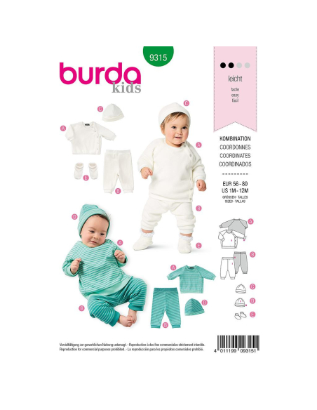 Patron Burda 9315 - Sweat, pantalon, bonnet et chaussons pour bébés