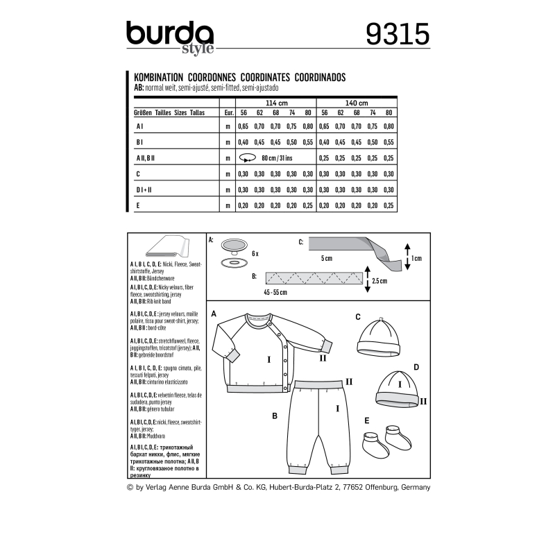 Patron Burda 9315 - Sweat, pantalon, bonnet et chaussons pour bébés