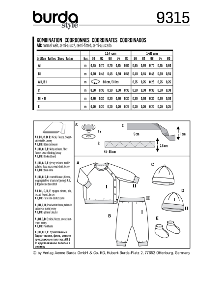 Patron Burda 9315 - Sweat, pantalon, bonnet et chaussons pour bébés