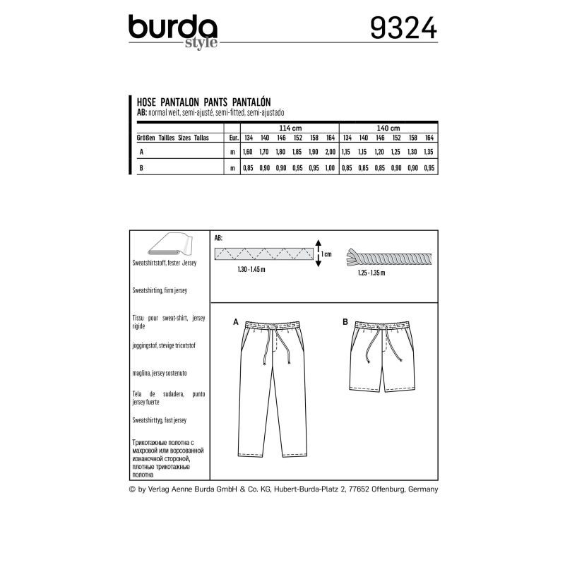Patron Burda 9324 - Pantalon et short pour enfants