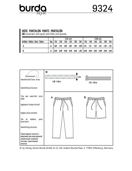 Patron Burda 9324 - Pantalon et short pour enfants