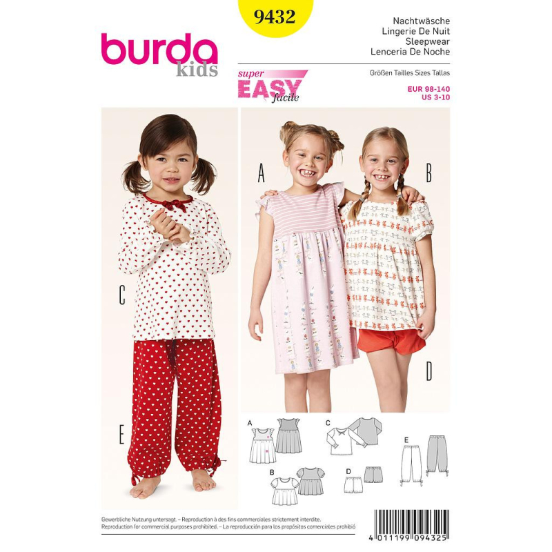 Patron Burda 9432 - Kids Lingerie de nuit