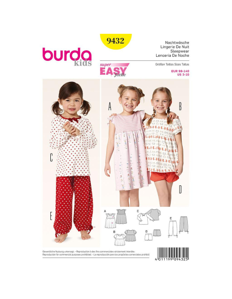 Patron Burda 9432 - Kids Lingerie de nuit