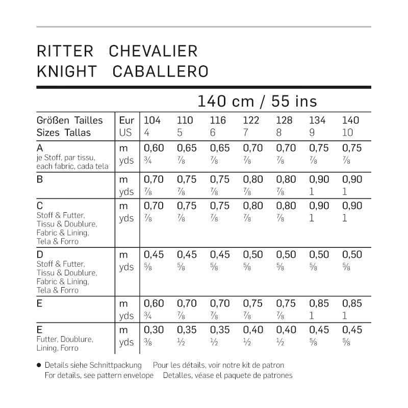 Patron Burda Carnaval 9446 - Déguisement Historique de Chevalier enfant