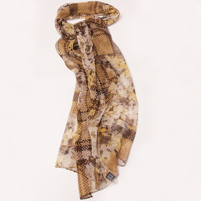 Foulard 100% soie - Fleur quadrillage marron & moutarde