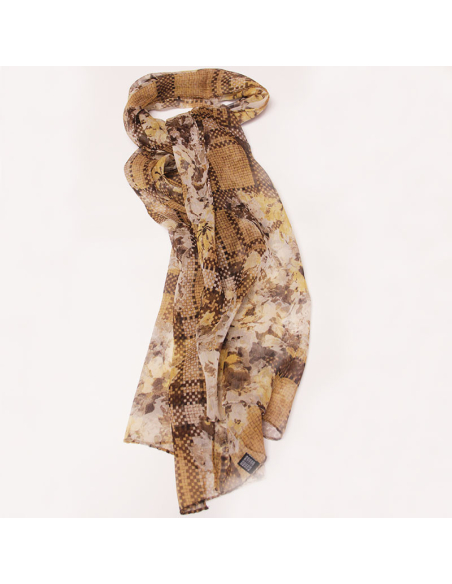 Foulard 100% soie - Fleur quadrillage marron & moutarde