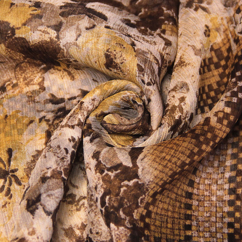 Foulard 100% soie - Fleur quadrillage marron & moutarde