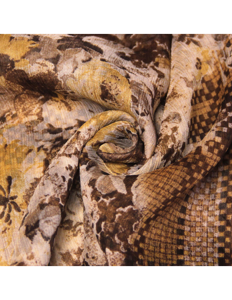 Foulard 100% soie - Fleur quadrillage marron & moutarde