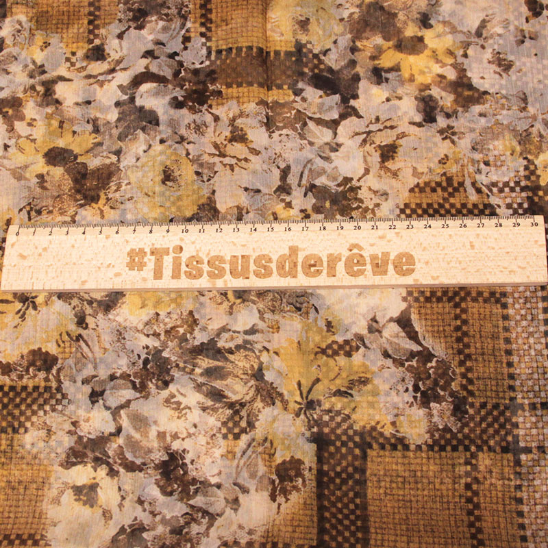 Foulard 100% soie - Fleur quadrillage marron & moutarde