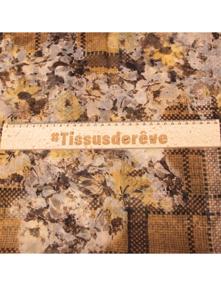 Foulard 100% soie - Fleur quadrillage marron & moutarde