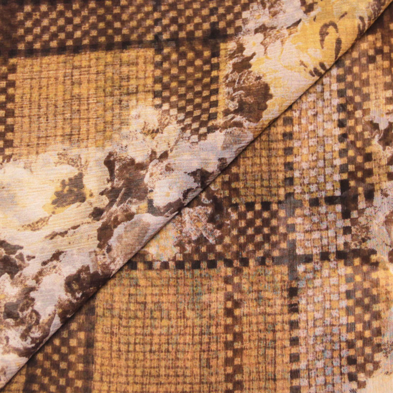 Foulard 100% soie - Fleur quadrillage marron & moutarde