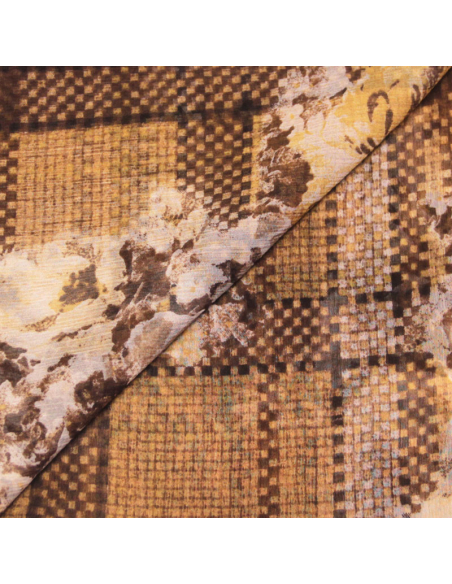 Foulard 100% soie - Fleur quadrillage marron & moutarde