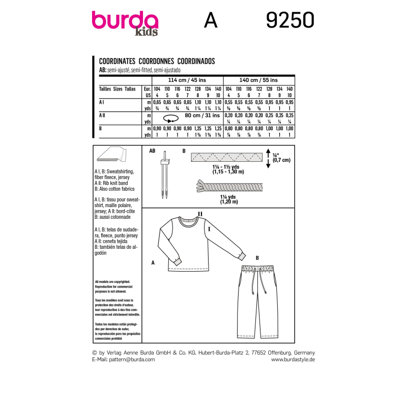 Patron Burda 9250 - Ensemble t-shirt manche longue et pantalon à large ceinture élastiquée