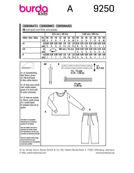 Patron Burda 9250 - Ensemble t-shirt manche longue et pantalon à large ceinture élastiquée