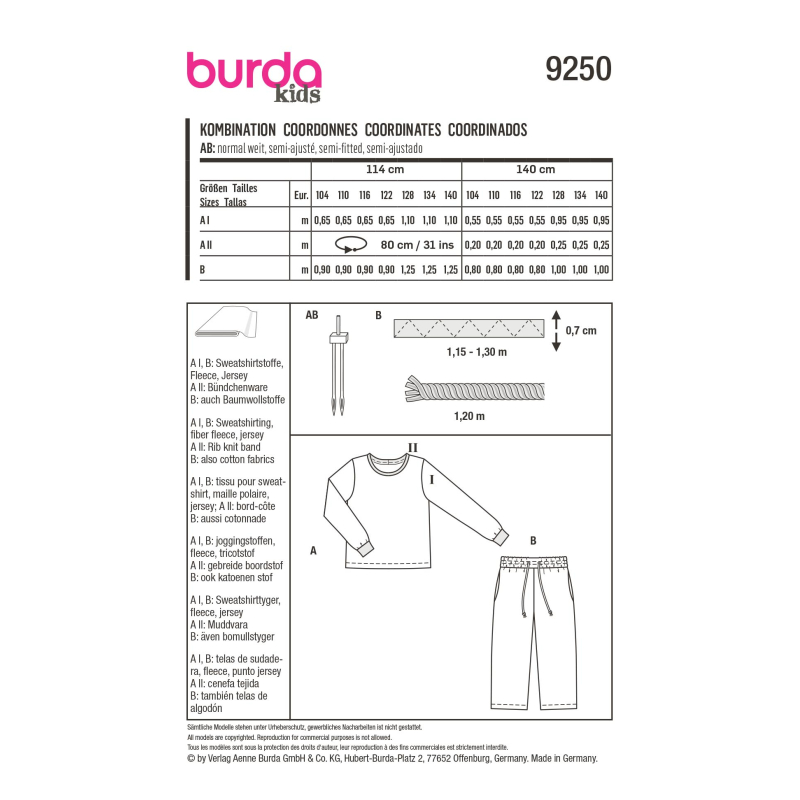 Patron Burda 9250 - Ensemble t-shirt manche longue et pantalon à large ceinture élastiquée