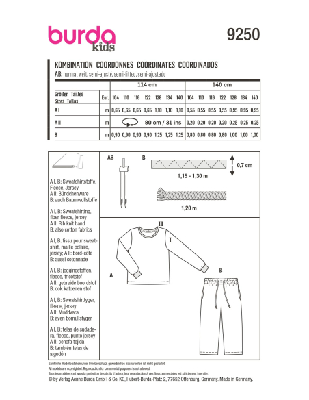 Patron Burda 9250 - Ensemble t-shirt manche longue et pantalon à large ceinture élastiquée