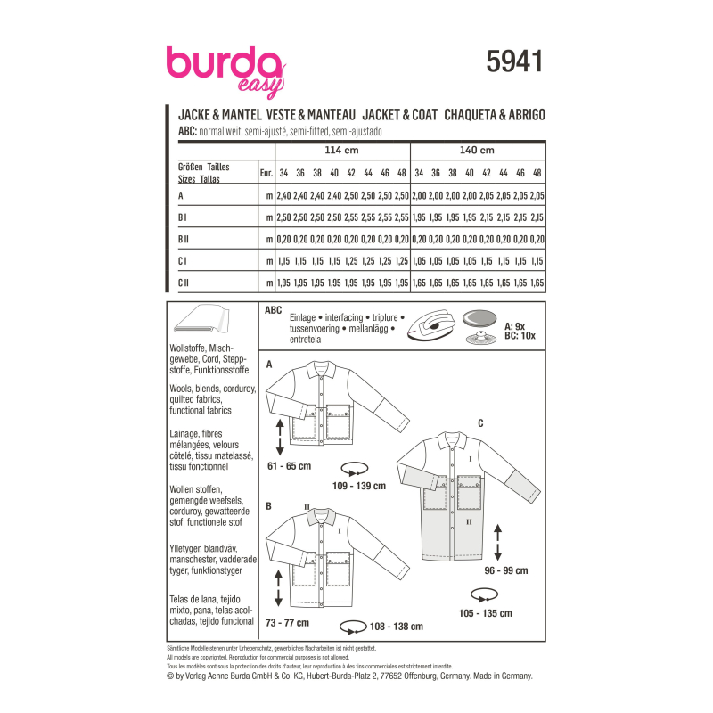 Patron Burda 5941 - Veste sportive & manteau classique