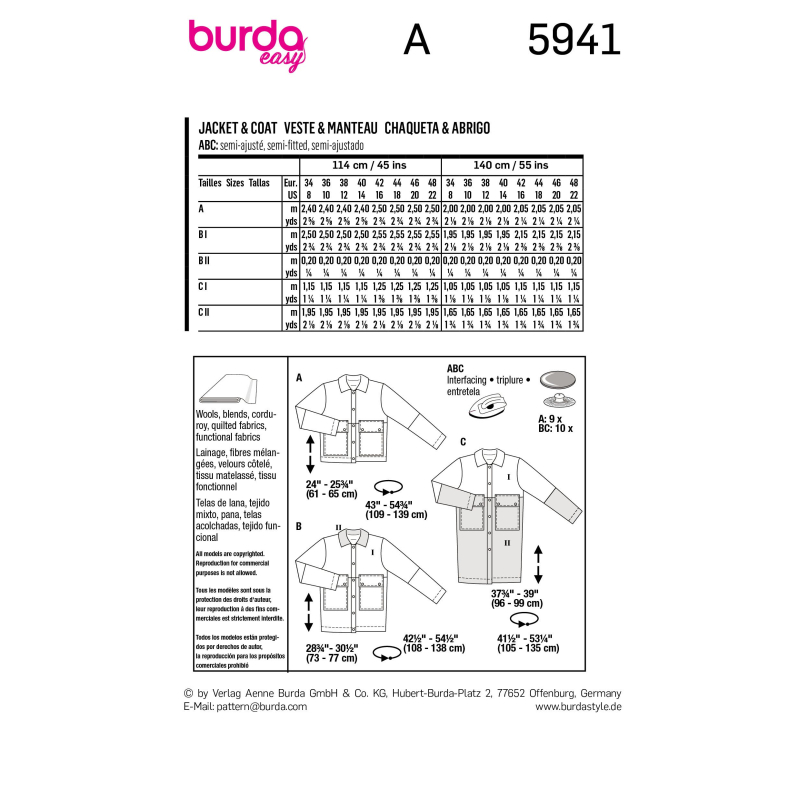 Patron Burda 5941 - Veste sportive & manteau classique