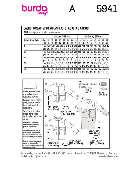 Patron Burda 5941 - Veste sportive & manteau classique