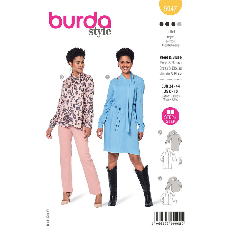 Patron Burda 5947 - Robe & blouse avec long col châle
