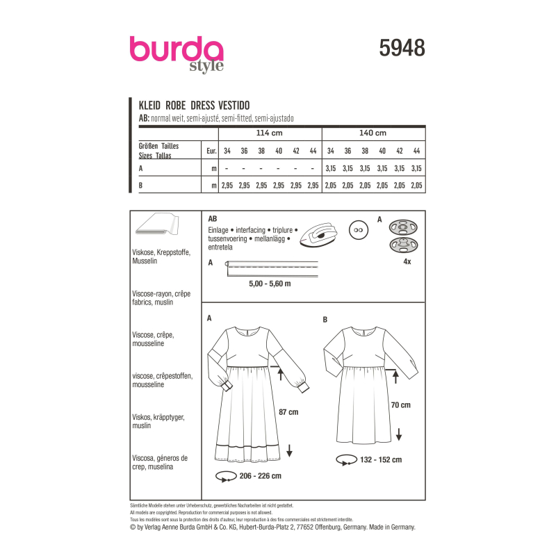 Patron Burda 5948 - Robe taille haute et encolure ronde