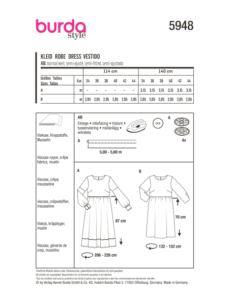 Patron Burda 5948 - Robe taille haute et encolure ronde