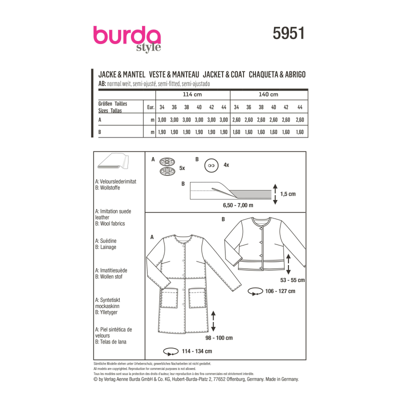 Patron Burda 5951 - Veste courte carrée & manteau sans col