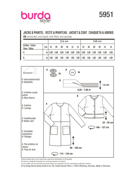 Patron Burda 5951 - Veste courte carrée & manteau sans col