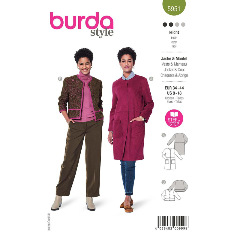 Patron Burda 5951 - Veste courte carrée & manteau sans col