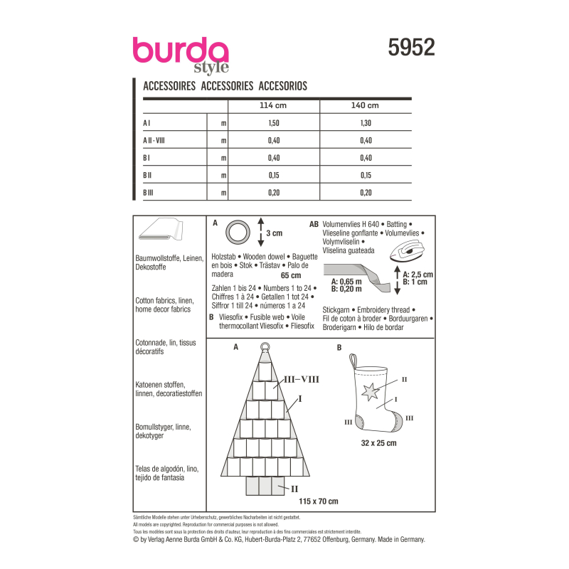 Patron Burda 5952 - Accessoires, calendrier de l'avent en forme de sapin