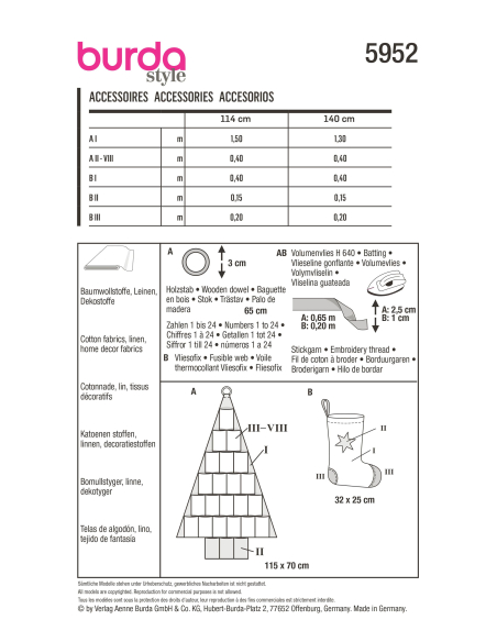 Patron Burda 5952 - Accessoires, calendrier de l'avent en forme de sapin